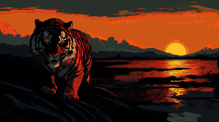 the vibrant sunset tiger, reminiscent of edvard munch's iconic style, showcases mesmerizing stripes in a stunning high-resolution image, version 5.1, evoking a sense of dramatic intensity, blending warm hues of orange, pink, and purple, perfect for nature and art enthusiasts alike. ai generatedの素材