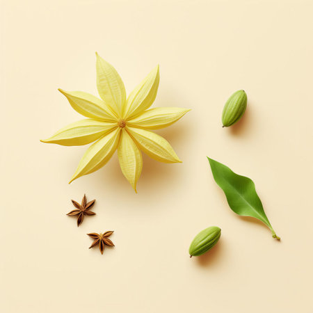 the carambola, also known as starfruit, takes center stage in this stunning minimalist design, set against a soft light yellow background and accented with soothing pastel colors, creating a visually appealing and calming visual experience that's perfect for fruit lovers and design enthusiasts alike. ai generatedの素材