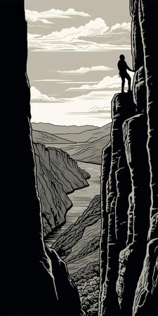 the cliff, a majestic geological formation, stands tall in this vintage-inspired linocut style vector illustration, boasting intricate details and textures, evoking a sense of rugged natural beauty, perfect for outdoor enthusiasts and nature lovers, reminiscent of scenic hiking trails and dramatic landscapes. ai generatedの素材