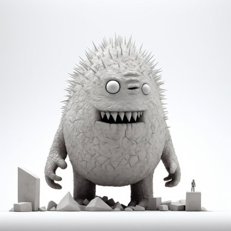 this intricately designed monster figurine, reminiscent of evgeni gordiets' and clemens ascher's inventive character designs, stands proudly on a white isolated background, showcasing its spiky mounds and concrete-like features, evoking the surrealism of didier lourenco's art, in a stunning full-body close-up shot. ai generatedの素材