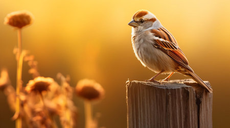 the american tree sparrow perches confidently on a rustic fence post, basking in the warm sunlight, its plumage aglow with vibrant hues, set against a stunning backdrop of lush green cornfields, capturing the essence of rural farm life in a heartwarming and serene wildlife photography moment. ai generatedの素材