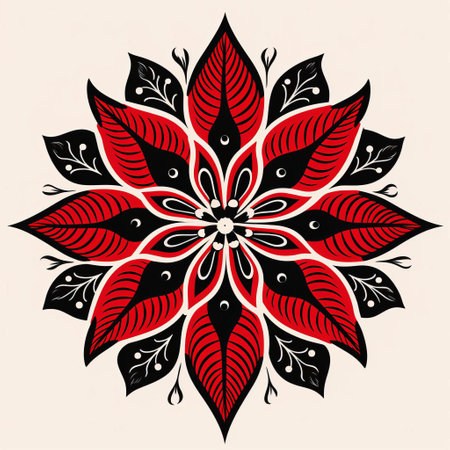 this poinsettia boasts an extremely simple and graphic 2d design, inspired by slavic folk art, featuring only straight lines with some black filled areas, showcasing extreme symmetry, and a highly graphic aesthetic reminiscent of art nouveau, set against a crisp white background. ai generatedの素材