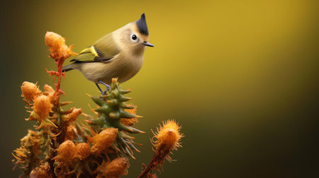 the goldcrest, a tiny yet vibrant bird species, perches delicately on a brown stem, showcasing its striking yellow and green plumage against a bright, sun-kissed background, highlighting its intricate details and natural beauty in this stunning high-quality hd photograph, perfect for nature enthusiasts and birdwatchers. ai generatedの素材