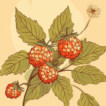 the salmonberry, a type of bramble, takes center stage in this stunning minimalist design, beautifully showcased against a soft, light yellow background, surrounded by delicate pastel colors, creating a serene and calming visual experience, perfect for nature lovers and design enthusiasts alike. ai generatedの素材