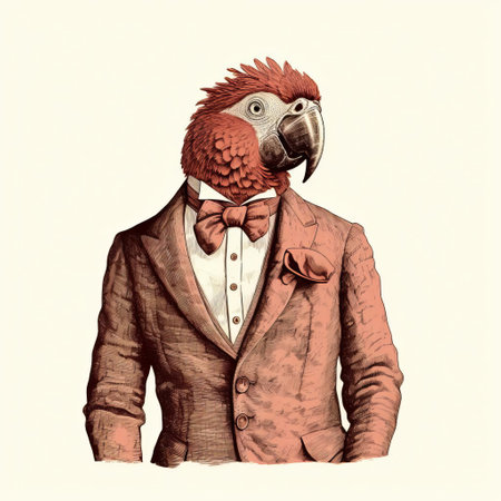 the parrot, dressed in a stylish suit, stands proudly against a crisp white background in this exquisite antique woodcut engraving, showcasing intricate details and textures, perfect for art enthusiasts and collectors of vintage illustrations, ornithology, and unique decorative prints. ai generatedの素材
