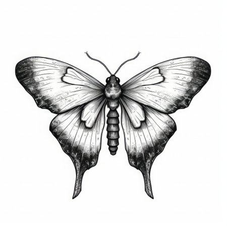 a hand-drawn black and white tattoo of butterflies and a moth is depicted in this vector illustration. the design showcases a subtle ink wash style with mosaic-inspired realism. the tattoo is suitable for large canvas sizes and features minimalist ink wash techniques. the color palette includes dark silver and light beige, adding eye-catching detail to the hyper-realistic animal illustrations. ai generatedの素材