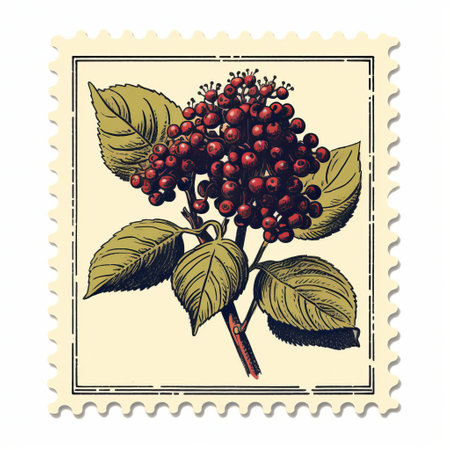 this vintage stamp features an isolated old print of an elderberry branch on a white background, showcasing a beautiful color palette and intricate line engraving details, reminiscent of traditional botanical illustrations from a bygone era. ai generatedの素材