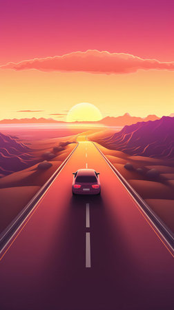 the volkswagen golf speeds down the winding road, bathed in the warm, golden light of a breathtaking sunset, its sleek design and sporty silhouette accentuated in this stunning isometric view, capturing the essence of freedom and adventure on the open road. ai generatedの素材