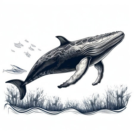 a majestic whale is beautifully illustrated in a minimalist whimsical clipart drawing, set against a pristine white background, showcasing intricate black sketch lines that bring out the gentle giant's playful and curious nature, perfect for ocean-inspired designs and marine-life enthusiasts. ai generatedの素材