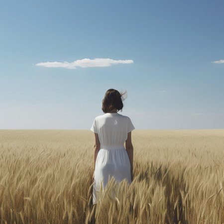 a serene woman stands alone in a vast, open landscape field, surrounded by lush green grass and a few scattered wildflowers, basking under a brilliant clear blue sky with only a few wispy clouds, evoking a sense of peaceful simplicity and minimal elegance. ai generatedの素材