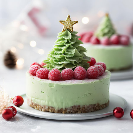 this raspberry cheesecake, adorned with vibrant green frosting shaped like a festive christmas tree, is topped with colorful sprinkles and sits elegantly on a pristine white background, perfect for holiday gatherings and festive dessert tables, showcasing a delightful fusion of sweet and tangy flavors. ai generatedの素材