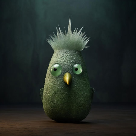 this exquisite crystal vase showcases a vibrant green bird figurine, adorned with intricately painted eyes, reminiscent of the stylized works of evgeni gordiets, clemens ascher, and didier lourenco, blending concrete and inventive character designs with spiky mounds, captured in a stunning close-up shot. ai generatedの素材