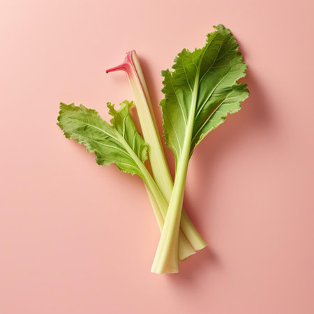 rhubarb takes center stage in this stunning still life, set against a soft, light yellow background that perfectly complements the vegetable's vibrant pink and green hues, evoking a sense of springtime freshness and whimsy, with delicate pastel colors adding a touch of elegance to this minimalist design. ai generatedの素材