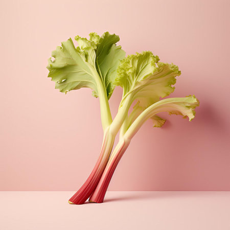 rhubarb takes center stage in this stunning minimalist design, set against a soft light yellow background that perfectly complements its vibrant pink hue, surrounded by delicate pastel colors, evoking a sense of springtime freshness and whimsy in this beautiful still life photography. ai generatedの素材