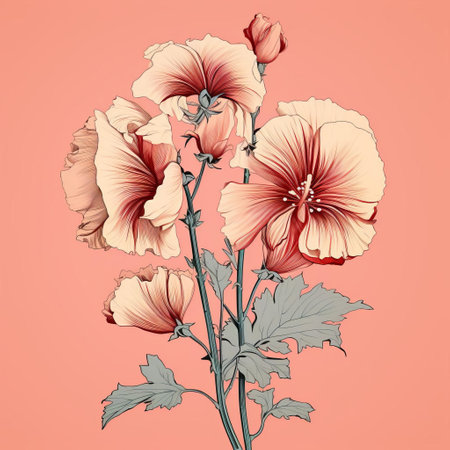 hollyhocks, adorned with delicate petals and slender stems, sway gently against a soft pink background, evoking a sense of serenity and elegance, reminiscent of classic japanese simplicity and thai art influences, as intricate aquamarine and gold hues dance across the hand-drawn illustration, blending historical flair with contrasting values. ai generatedの素材
