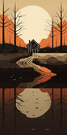 the serene forest house illustration, set amidst a tranquil lake landscape, showcases a cozy cabin nestled among towering trees, blending harmoniously with nature, evoking a sense of peaceful retreat, perfect for relaxation and connection with the great outdoors, highlighting the beauty of minimalist art. ai generatedの素材