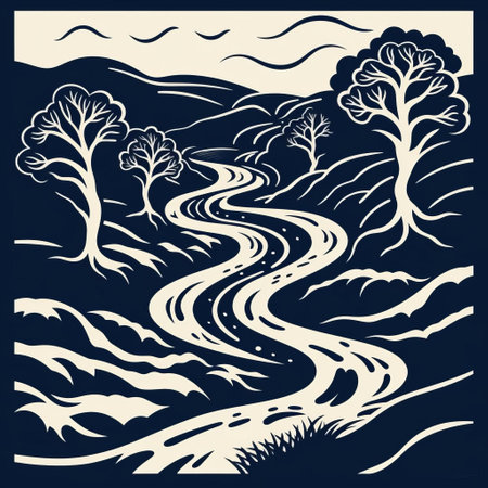 a linocut-style artwork of a ravine, showcasing minimalist design with a single, continuous line. emphasizing negative space, the piece captures the essence of the ravine through simple shapes. bold yet simple, the artwork highlights the ravine against the negative space, embodying the elegance of minimalist linocut art. ai generatedの素材