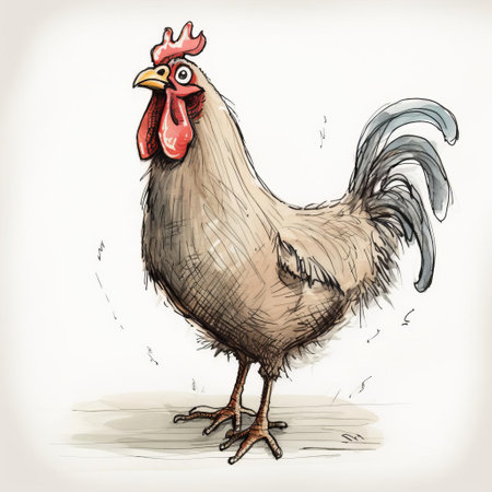 this cartoon chicken, depicted in a whimsical and simplistic style, showcases a full-body illustration of the beloved farm animal, with bold lines and vibrant colors, perfect for use in children's books, educational materials, or humorous designs, evoking a sense of playfulness and nostalgia. ai generatedの素材