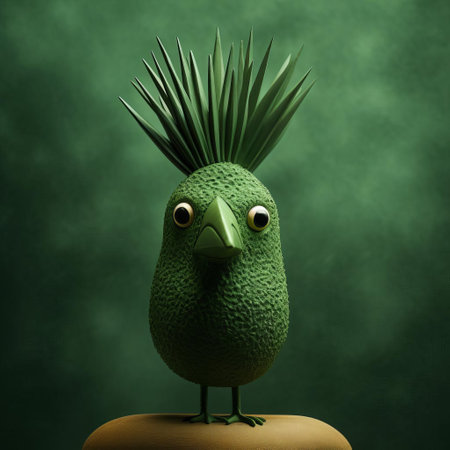 the green bird figurine, reminiscent of evgeni gordiets' and clemens ascher's inventive character designs, sits proudly, showcasing its intricately painted eyes, amidst a backdrop of spiky mounds, evoking the concrete, avant-garde style of didier lourenco, in this intimate, close-up shot. ai generatedの素材