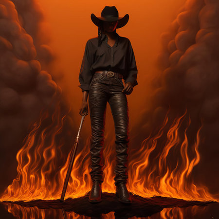 a woman stands boldly in the midst of flames, evoking the rebellious spirit of lil nas x, as meticulous details and thick textures merge in a photorealism-inspired masterpiece, capturing the essence of fierce femininity and unbridled energy in a mesmerizing, fiery scene. ai generatedの素材