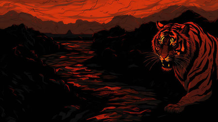 the sunset, a vibrant and expressive depiction of a tiger's stripes, echoes the bold and emotive style of edvard munch, capturing the intense colors and textures of the natural world in stunning high resolution, perfect for wallpapers and digital art, evoking feelings of drama and intensity. ai generatedの素材