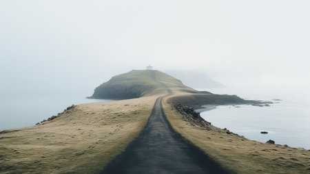this serene icelandic islet, captured with a 35mm lens in stunning 4k resolution and raw format, features a solitary black asphalt path stretching towards the invisible horizon, shrouded in a thick veil of white fog, evoking a sense of mystery and isolation in the midst of breathtaking natural beauty. ai generatedの素材
