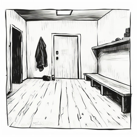 a mud room sketch, crudely hand-drawn with primitive simplicity, features broad, wide shapes and thick lines, reminiscent of line art, outlined in bold black marker or sharpie, exuding a minimalist charm, perfect for rustic home decor inspiration or diy organization ideas for a functional entryway. ai generatedの素材