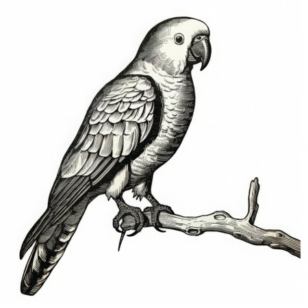 a parakeet is depicted in this antique woodcut engraving. the image showcases a dark academia vintage halloween outline clipart, with a silhouette of the bird in black and white. it is a scientific illustration with an entomology theme, presented in a simple and clean line art style. the parakeet is isolated on a white background, providing a striking contrast in this dark academia stylized artwork.の素材