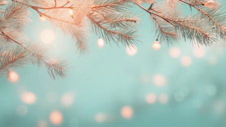 fir branches adorned with delicate outdoor christmas lights sparkle against a serene turquoise background, evoking a sense of winter wonderland magic, perfectly captured in a soft, muted color palette featuring light pink and light gold hues, set against a minimalist background on a uniquely shaped canvas. ai generatedの素材