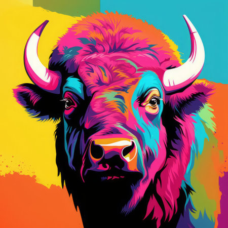 a buffalo head is depicted on a vibrant and colorful canvas, showcasing a blend of styles including vibrant color gradients, vintage poster design, american barbizon school, saturated palette, soviet pop art, and digital art techniques. the artwork features multi-layered color fields, creating a visually striking composition. ai generatedの素材