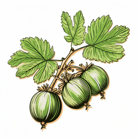 this vintage stamp features an intricately designed, isolated old print of a gooseberry, beautifully rendered in color through a traditional line engraving technique, set against a crisp white background, evoking a sense of nostalgia and classic elegance, perfect for collectors and enthusiasts of antique prints. ai generatedの素材