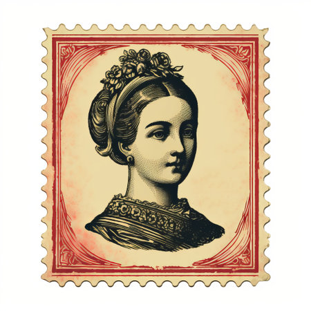 olivia, a stunning vintage print stamp, is beautifully isolated on a white background, showcasing its intricate color and line engraving details, evoking a sense of nostalgia and classic elegance, perfect for collectors and enthusiasts of antique postal stamps and philately. ai generatedの素材