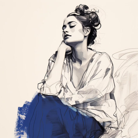 the woman, elegantly posed in a flowing gown, is beautifully captured in this stunning digital drawing, inspired by the iconic style of cecil beaton and reminiscent of henri matisse's expressive lines, created using a wacom tablet and fine-tip pen, boasting 32k super-resolution and uhd quality. ai generatedの素材