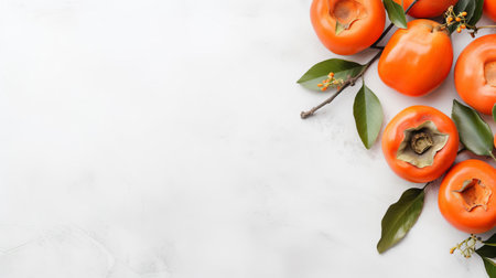 persimmon, a vibrant orange fruit, lies on a white chalkboard, surrounded by subtle shadows, creating a stunning flat lay view banner perfect for autumnal and harvest-themed designs, recipes, and healthy eating concepts, evoking feelings of warmth, coziness, and seasonal delight. ai generatedの素材