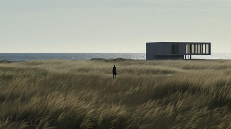 the sculpture stands alone in a serene field of tall grass, exuding a sense of contemporary minimalist elegance with its light gray and dark black hues, evoking a sculptural aesthetic reminiscent of coastal views, minimalist sets, and gothic revival architecture, all while embracing muted colours that evoke a sense of calmness and simplicity. ai generatedの素材