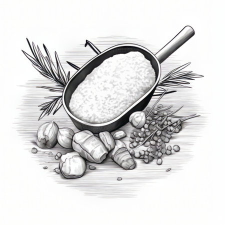the salt root and powder are depicted in a top view vector sketch, showcasing a black and white illustration in line art style. ai generatedの素材