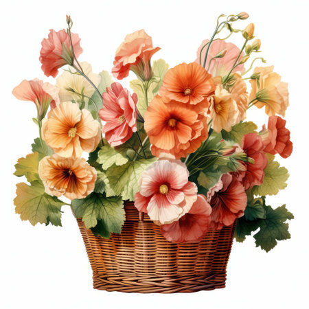 the rustic hollyhock bouquet, overflowing with delicate petals and lush greenery, sits elegantly in a woven basket, set against a pristine white background, showcasing its intricate details in stunning high-definition, with subtle self-shadows, evoking a sense of vintage watercolor charm, perfect for nature-inspired home decor. ai generatedの素材