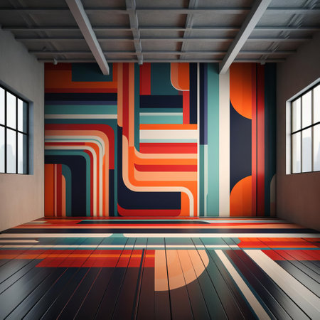 this vibrant abstract rug, inspired by modular constructivism, showcases a mesmerizing blend of striped patterns, balanced symmetry, and intricate woodcarvings, featuring a bold color palette of dark gray, crimson, light emerald, and orange, with a focus on the intricate joints and connections that bring the design together. ai generatedの素材