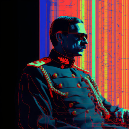 archduke franz ferdinand's motorcade speeds through sarajevo's streets, a vibrant, glitch-art backdrop of distorted pixels and neon hues reimagining the pivotal moment of his assassination, as gavrilo princip's hand reaches out to alter the course of history, amidst a swirl of futuristic, y2k-inspired visual noise. ai generatedの素材