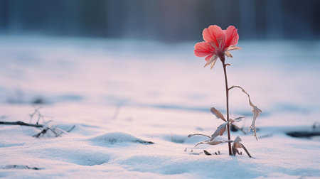the false castor-oil plant stands alone on the snowfield, bathed in the faint red morning light, its delicate features beautifully captured with a handheld af400mm/f5.6 lens, showcasing the photographer's skill in backlight shooting, resulting in a stunning winter landscape photography. ai generatedの素材