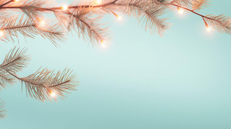 fir branches adorned with delicate outdoor christmas lights sparkle against a serene turquoise background, evoking a sense of winter wonderland magic, perfectly captured in a soft, muted color palette featuring light pink and light gold hues, set against a minimalist background on a uniquely shaped canvas. ai generatedの素材