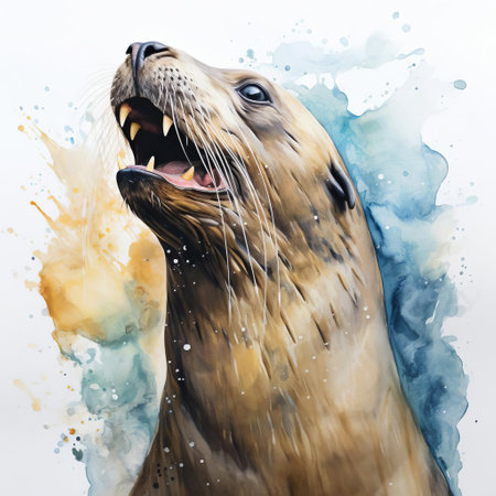 this majestic sea lion, captured in a stunning hyper-realistic watercolor painting, stands out against a crisp white background, its sleek fur and whiskers meticulously rendered in high contrast, evoking the marine mammal's playful yet powerful nature, perfect for ocean and wildlife enthusiasts. ai generatedの素材