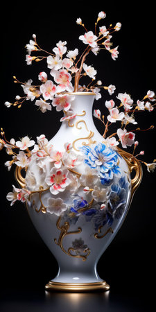 this exquisite ceramic vase, adorned with an intricate floral pattern, takes center stage against a pristine white background, its delicate details and subtle glitters expertly captured using a 50mm macro focus, evoking a sense of hyper-realism and showcasing the beauty of japanese art. ai generatedの素材