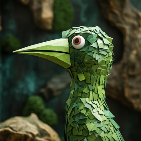 the vibrant green bird figurine, crafted from papier mache, showcases intricately painted eyes on its head, reminiscent of the whimsical style of renowned artists evgeni gordiets and clemens ascher, with hints of didier lourenco's inventive character designs, set against a backdrop of spiky mounds, evoking a sense of concrete, three-dimensional artistry. ai generatedの素材