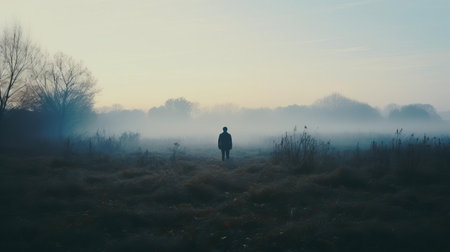 thomas walks alone through the misty autumn grass on a chilly morning, with a distant oasis emerging from the fog, surrounded by the silhouettes of tall trees, capturing the essence of a mystical atmosphere in this lo-fi, instamatic-inspired photograph, evoking feelings of solitude and mystery. ai generatedの素材