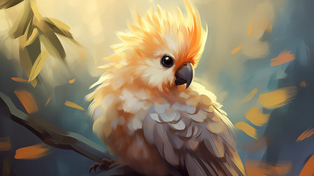 the cockatiel, perched on a delicate branch, exudes serenity in this beautiful illustration, evoking a peaceful and calm feeling, perfect for bird lovers and art enthusiasts, featuring soft colors and gentle lines, creating a soothing atmosphere, ideal for home decor or as a gift for parrot fans. ai generatedの素材