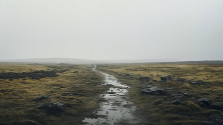 the bog in iceland stretches towards the horizon, shrouded in a thick white fog that obscures the distant landscape, with a narrow black asphalt path cutting through the misty veil, captured in stunning 4k resolution using a 35mm lens and raw image format, showcasing the eerie beauty of iceland's unique landscapes. ai generatedの素材