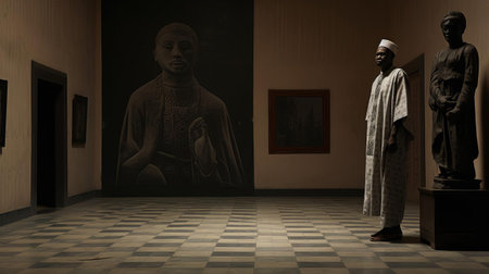 the mysterious figure, shrouded in darkness, lurks around the corner at the end of the dimly lit hall, casting an ominous presence in nigeria, its improved physique a stark contrast to the eerie atmosphere, evoking a sense of foreboding and unease, as if something sinister is lurking in the shadows. ai generatedの素材