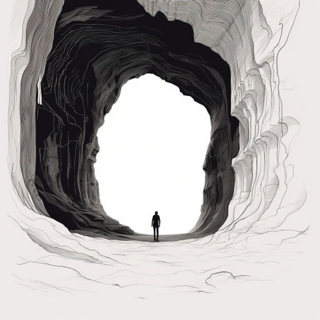the cave, illuminated by soft, warm light, stands majestically against a pristine white background, its intricate details and textures beautifully captured in a continuous line drawing, showcasing the artist's skillful hand and attention to detail in this stunning full-body illustration. ai generatedの素材