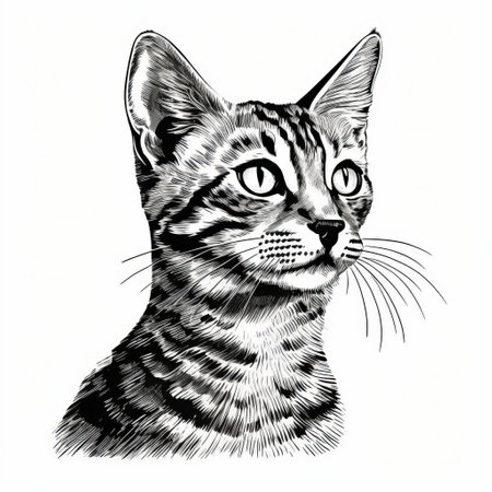 a black and white hand-drawn illustration of a black cat gazing upwards. this detailed portrait captures the essence of historical illustrations with its striped style and lith printing effect. the precision of pointillism adds depth to the image, reminiscent of taxidermy. the use of stencils enhances the overall composition. ai generatedの素材